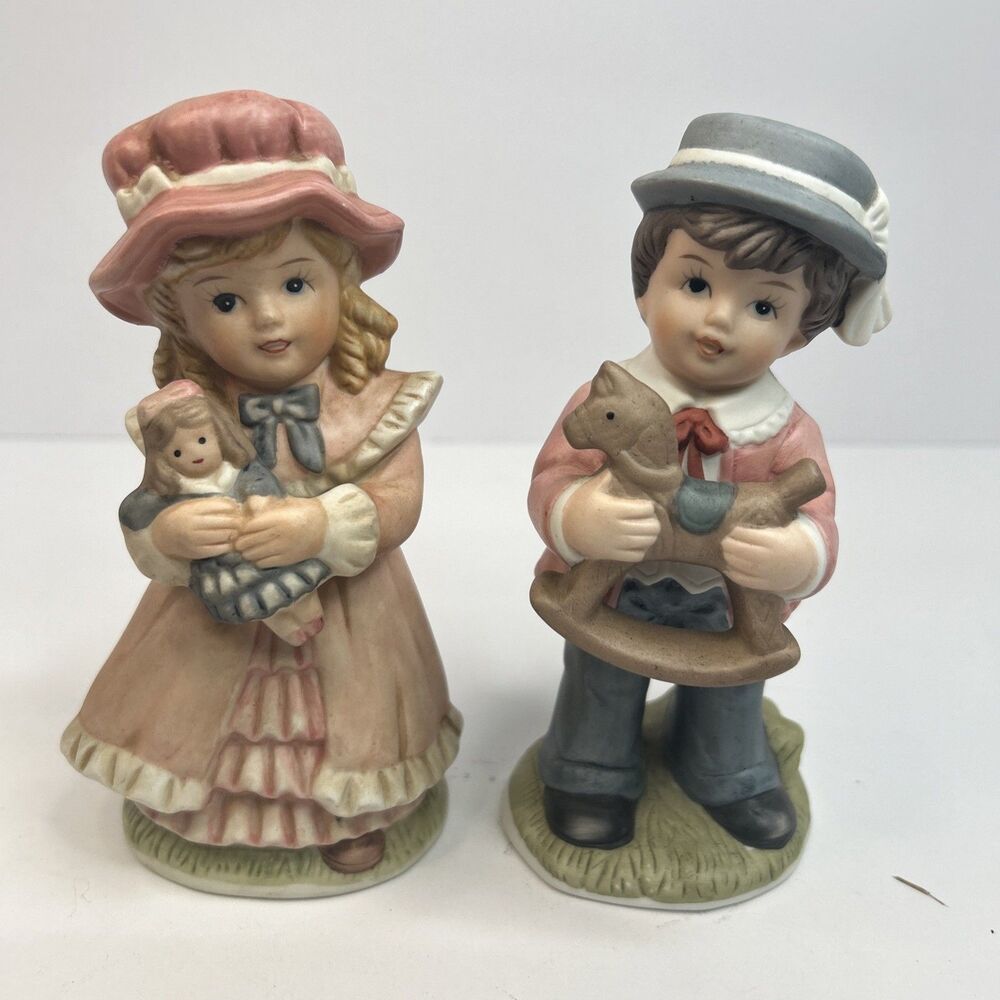 Vintage Homco 1419 Figurines Pair Victorian Boy Rocking Horse Girl Doll
